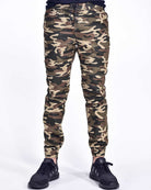 Mens drawstring twill teamwork heat seal joggers in Green Camo
