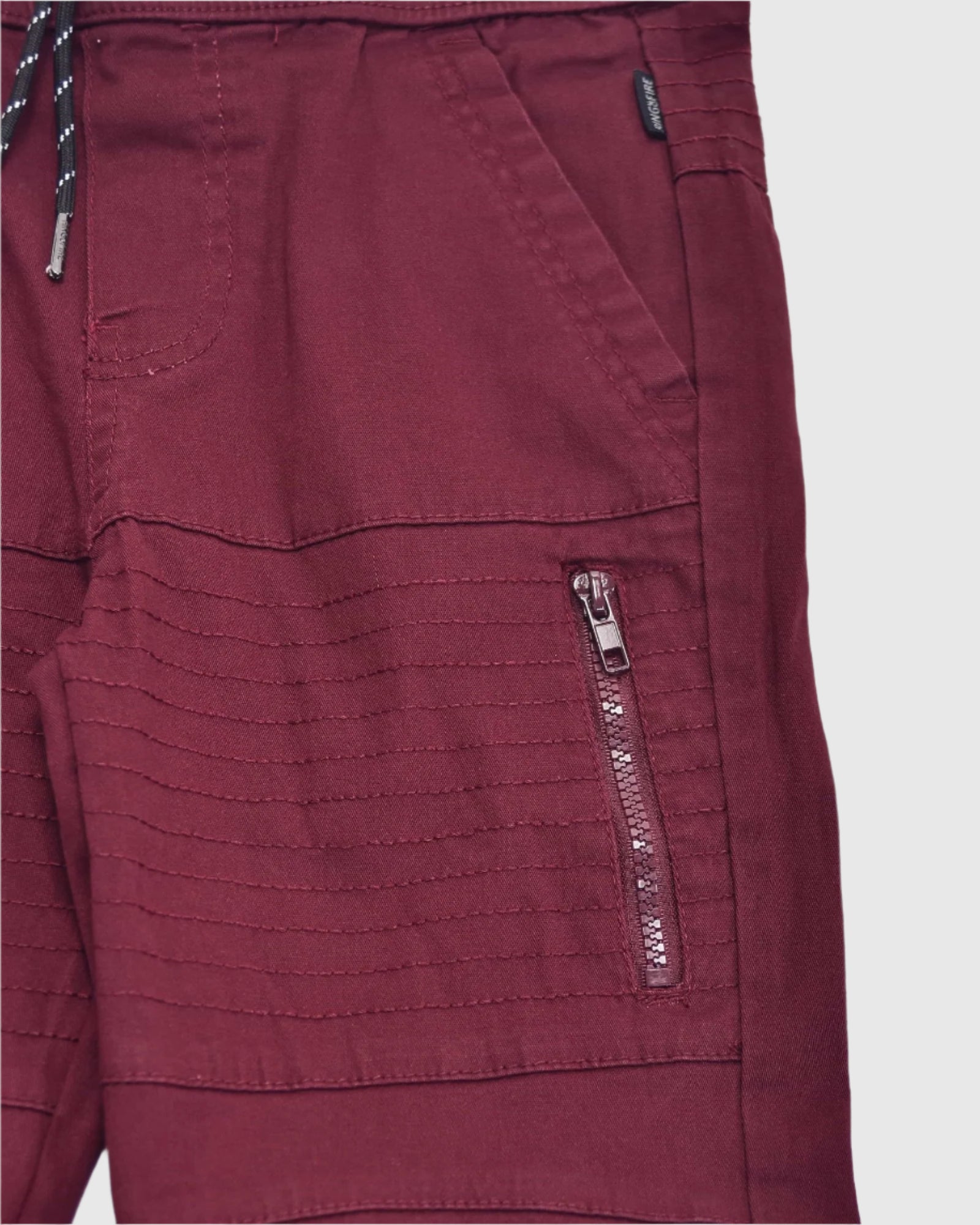 Boys's moto zipper jogger in Burgundy side-entry zippered pocket 