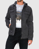 Mens zip up rage hooded twill jacket in Black chest pockets 