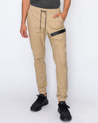 Mens drawstring leftout moto joggers in Khaki