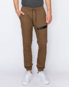 Mens drawstring leftout moto joggers in Light Brown