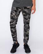 Mens drawstring twill teamwork heat seal joggers in Black Camo