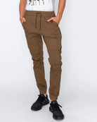 Mens drawstring twill teamwork heat seal joggers in Light Brown