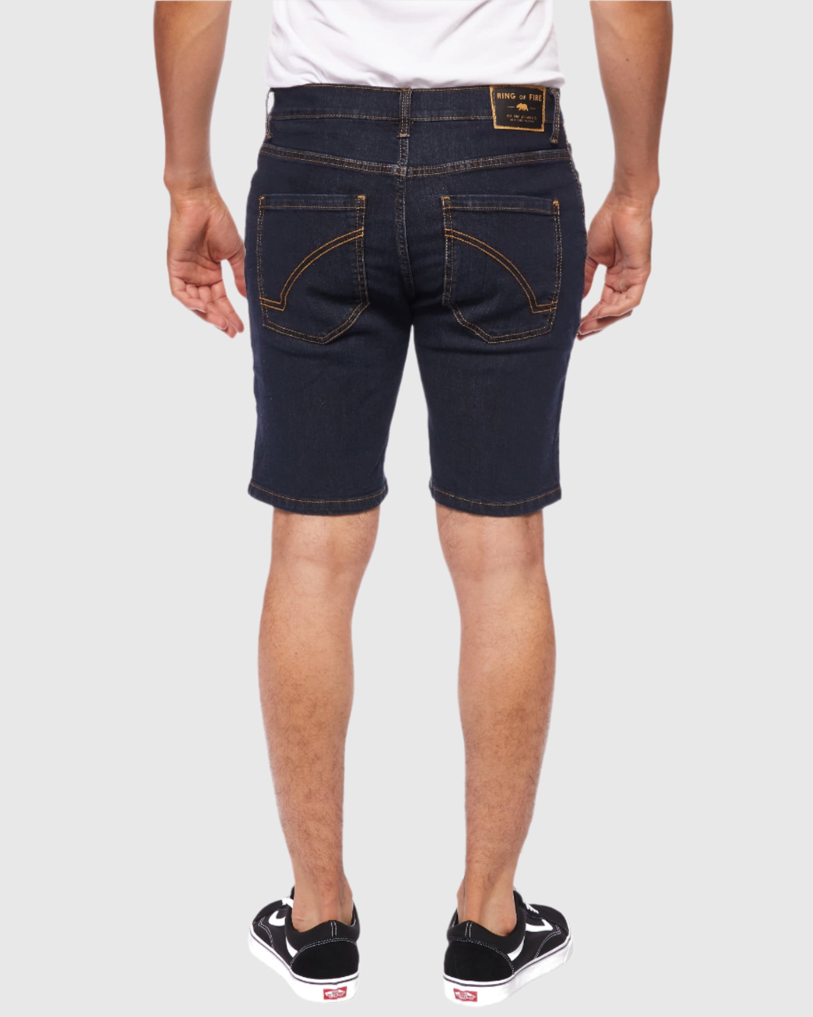 Model showing back side of Rinse color Men’s Ripper Denim Shorts by Ring of Fire