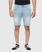 Men 5 pocket styling zipper fly button closure ripper denim shorts in Smoke Blue