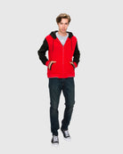 Mens Charlie fleece varsity striped rib jacket in Red Black