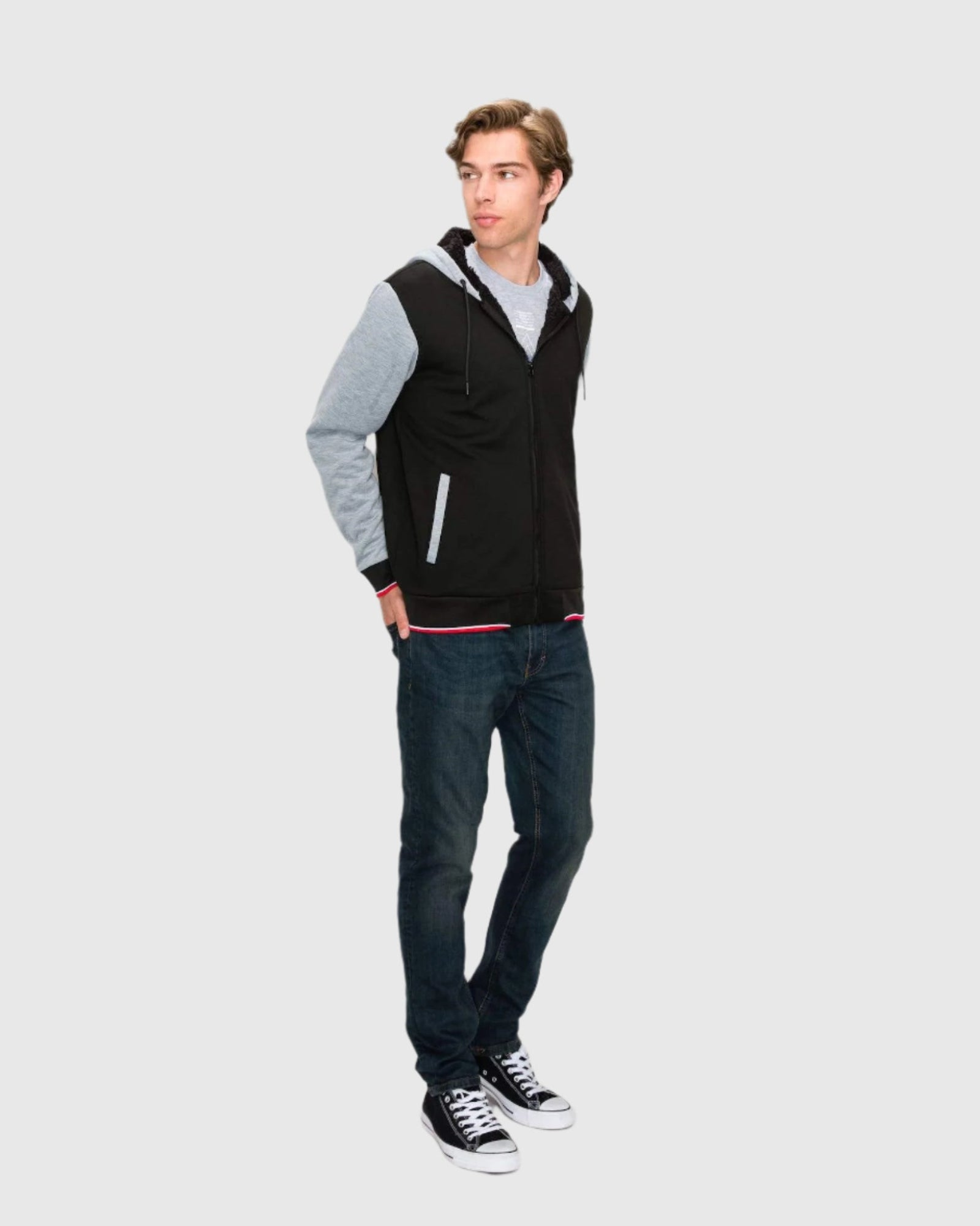 Mens drawstring zip up value varsity fleece sherpa lined jacket in Black Light Heather Gray