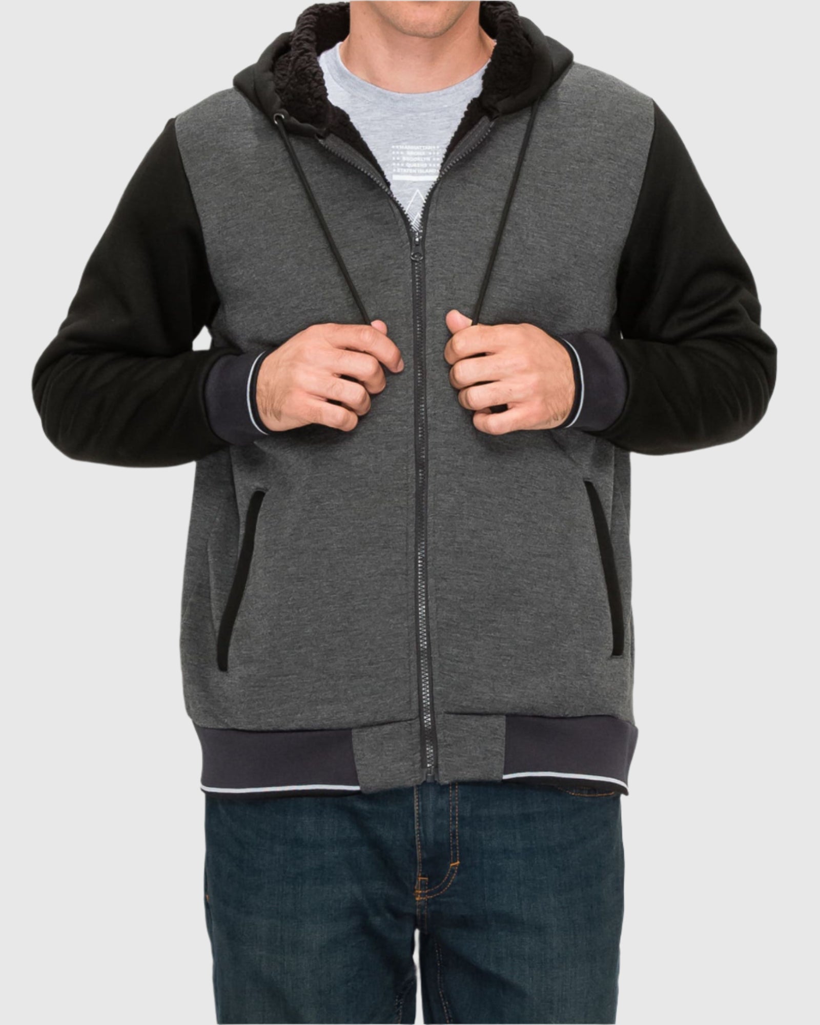 Mens drawstring zip up value varsity fleece sherpa lined jacket in Charcoal Heather Black hand pockets 