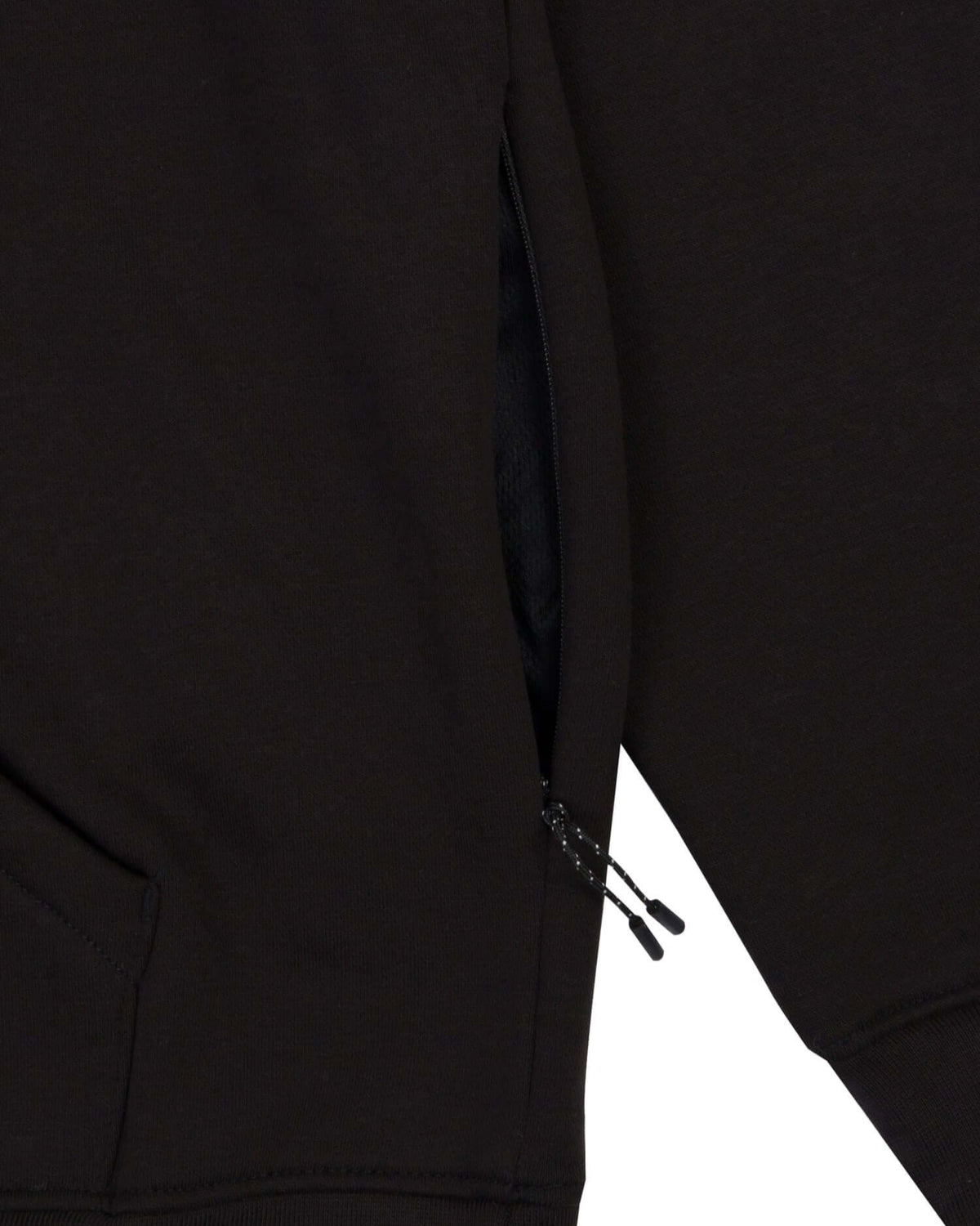 Black Heavyweight Pullover Hoodie rib waistband and side seam detail closeup