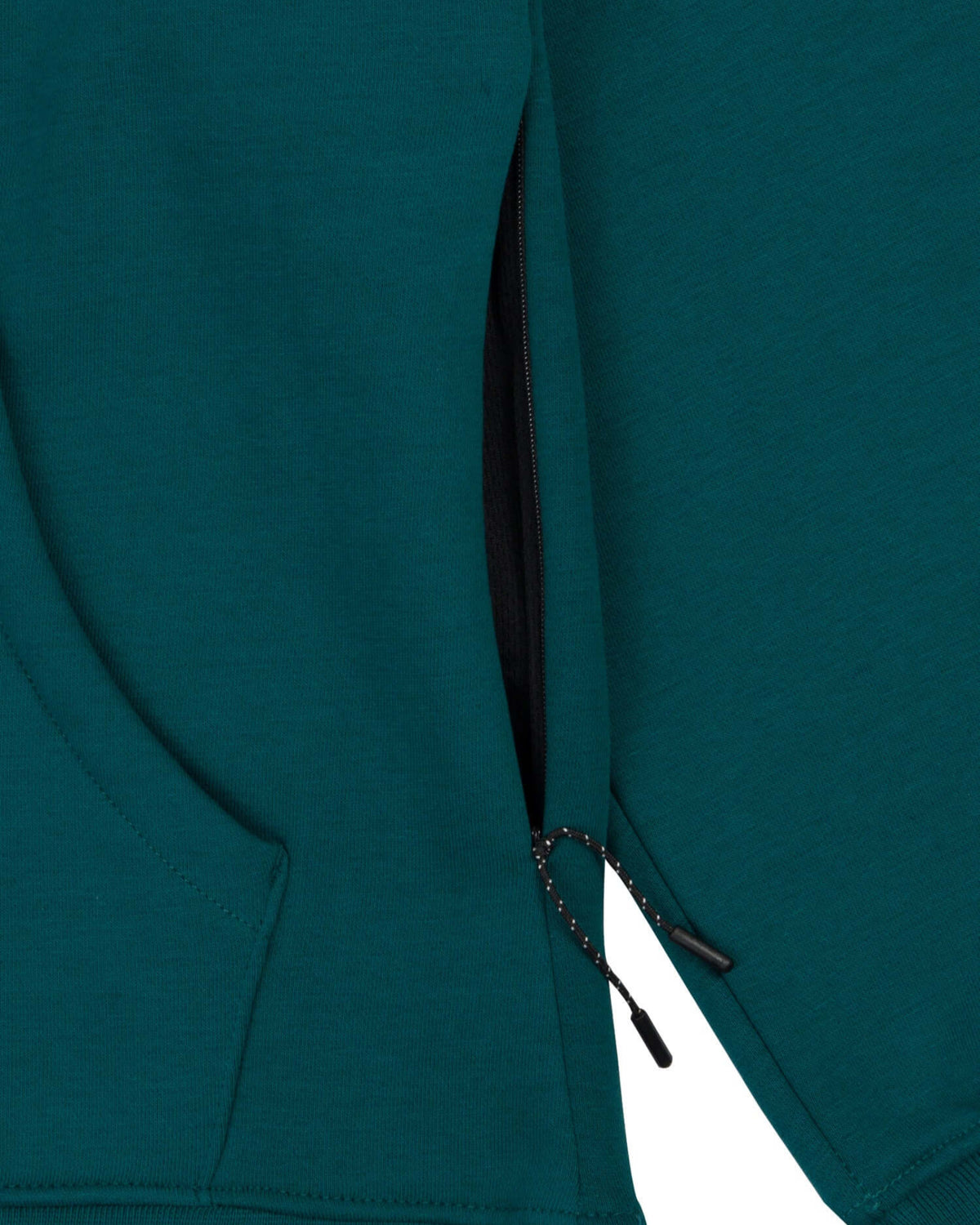 Deep Teal Heavyweight Pullover Hoodie rib waistband and side seam detail closeup