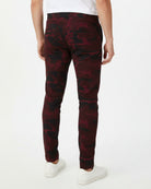 Men's oxblood camo printed knit joggers RYB1170 back view with tapered fit